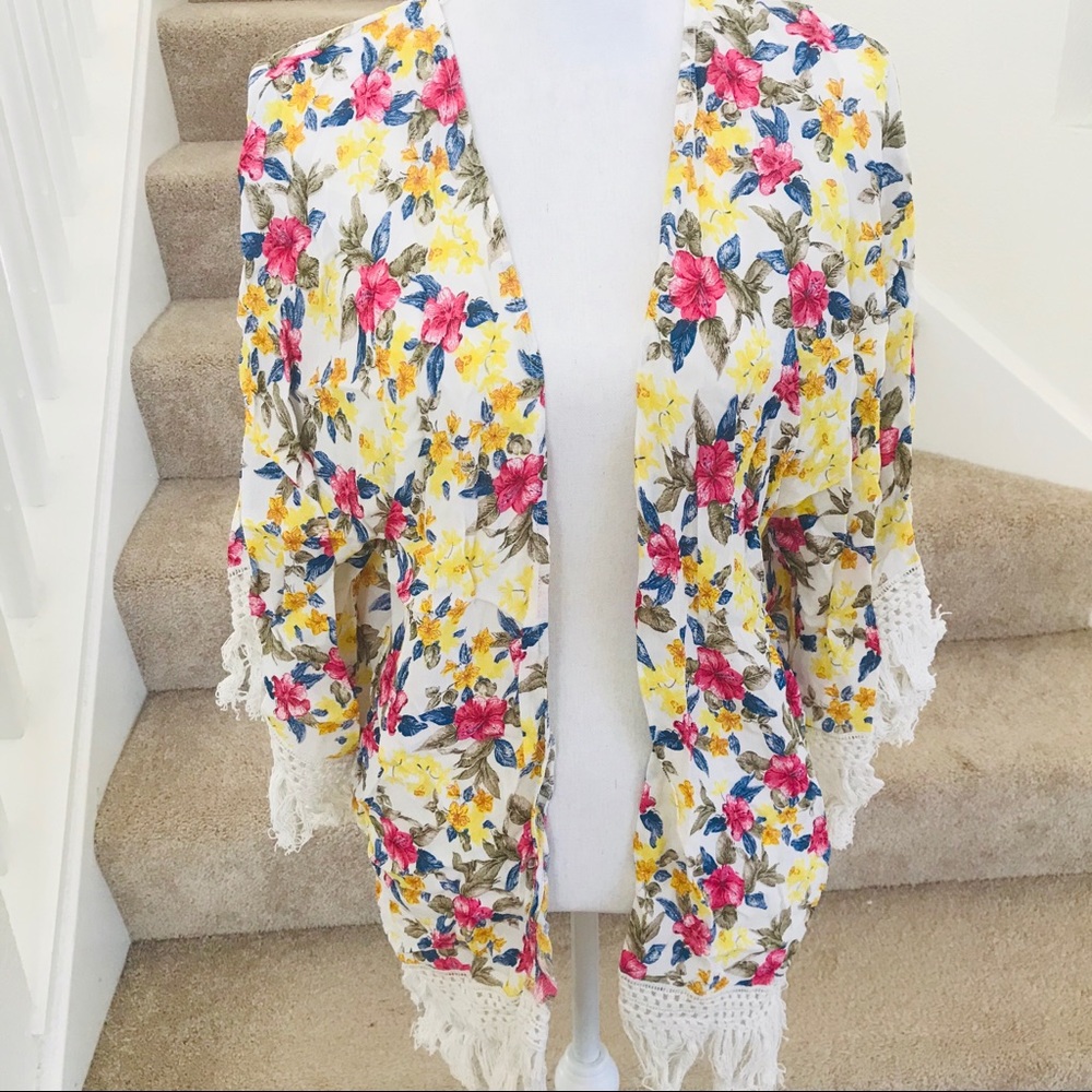 Zara trafaluc floral kimono yellow blue medium